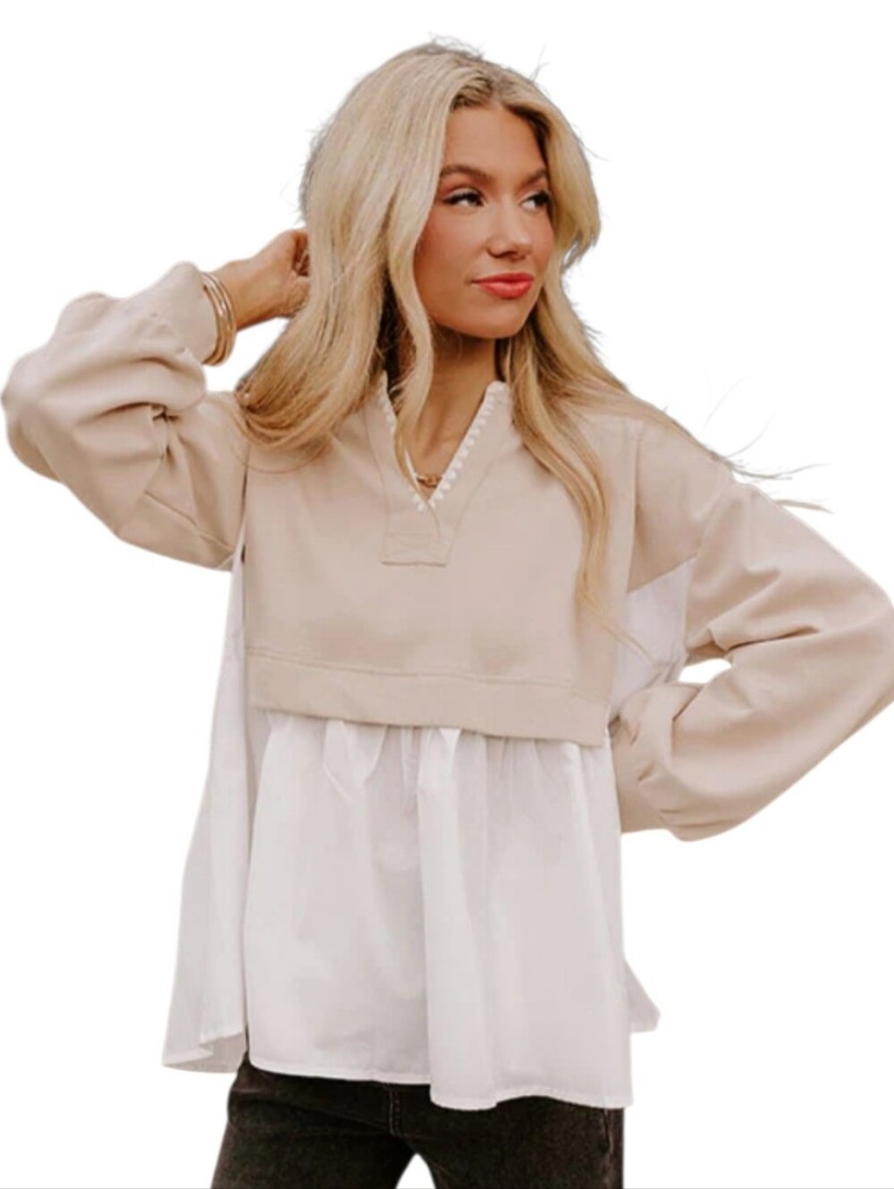Entro Long Sleeve Beige White Pullover Top M